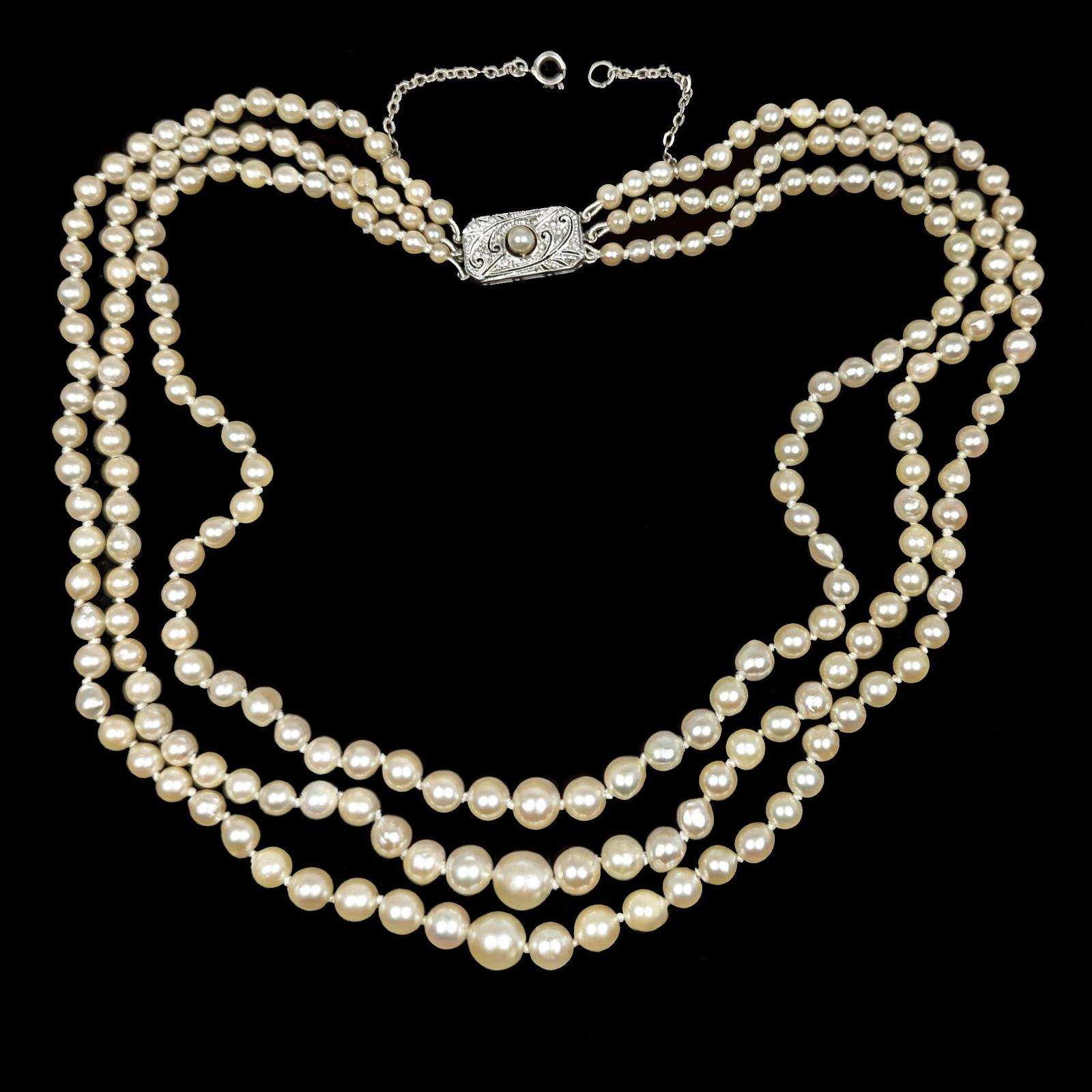 Triple Strand Pearl Necklace with Gem Certificate 9ct Gold Diamond Clasp 1950s (1 of 10)