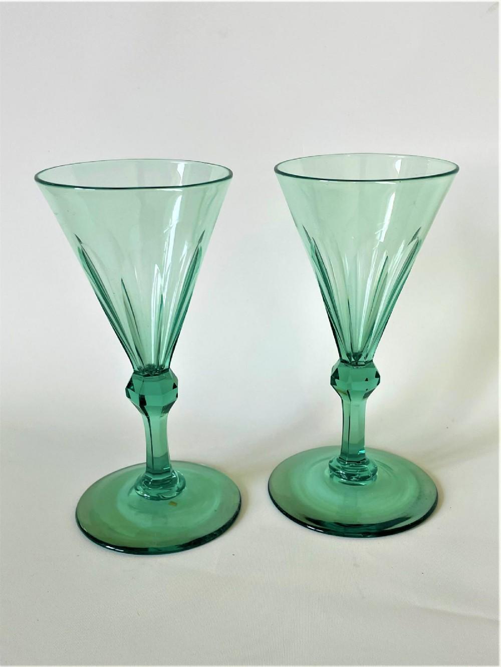 Gorgeous Pair of Pale Green Early Victorian Wine Flutes (1 of 5)