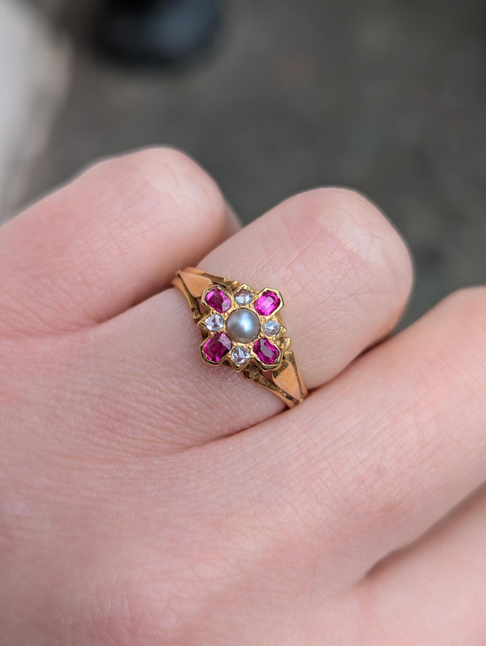 Victorian 18ct Gold Diamond Ruby & Pearl Ring (1 of 10)