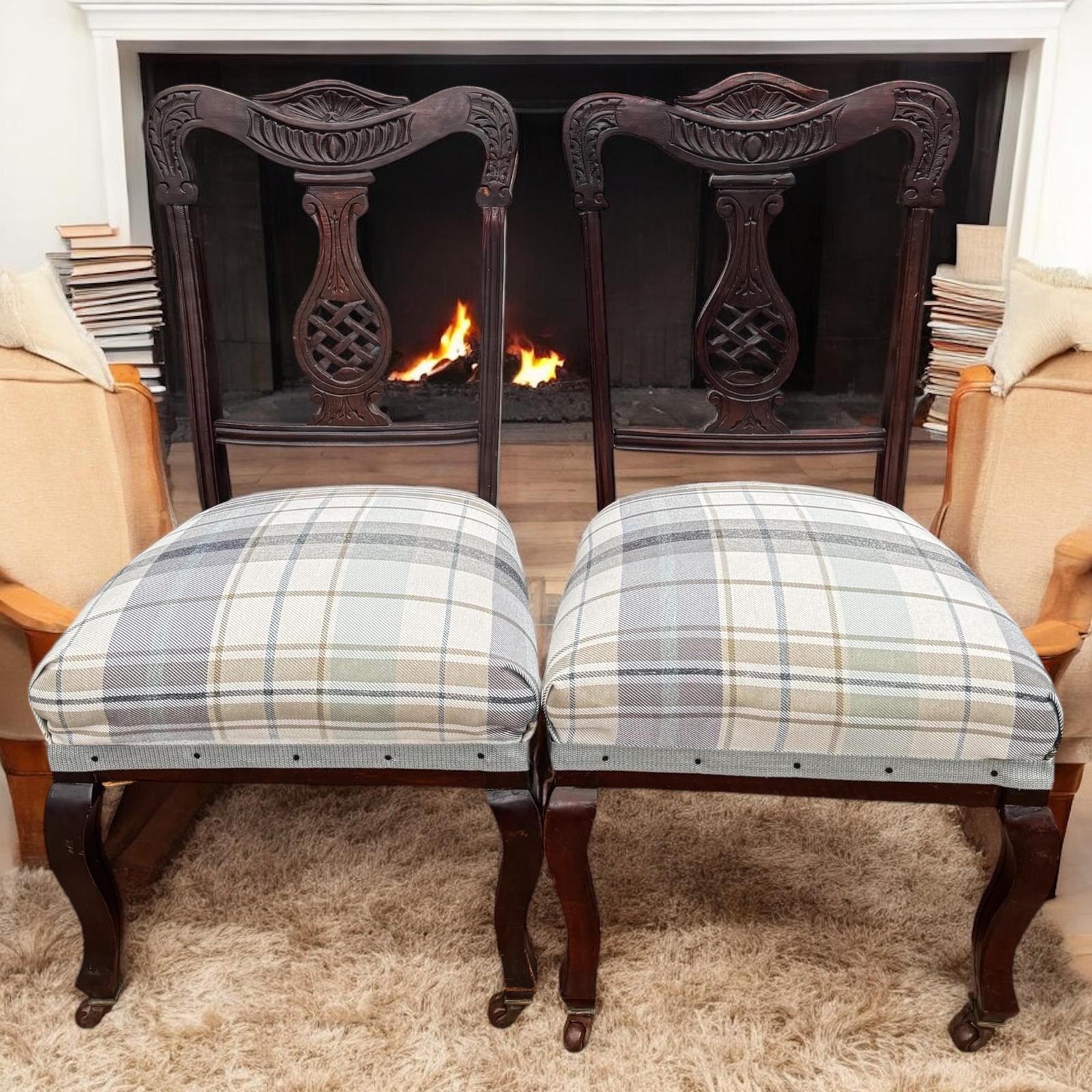 Pair of Antique Victorian Bedroom Chairs / Legs with Castors / New Upholstery c.1870 (1 of 10)
