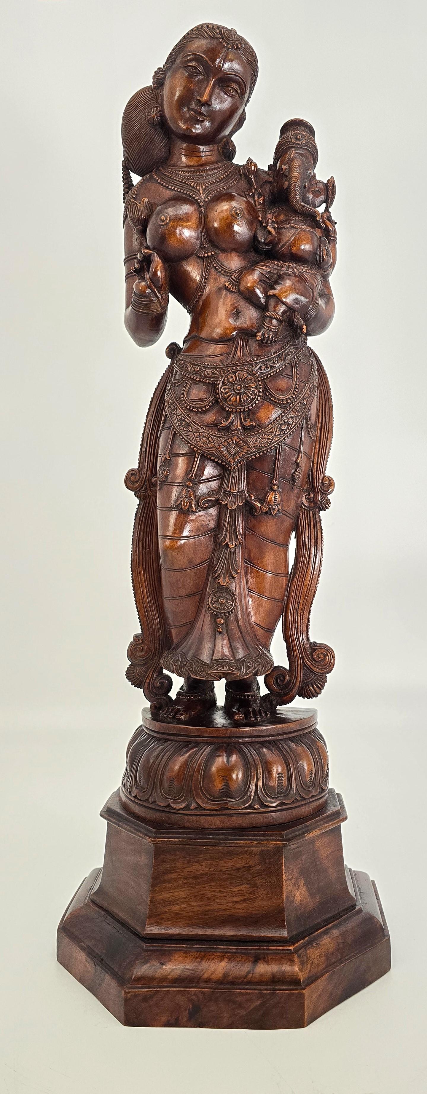 Indian Carved Sandalwood of the Goddess Parvati Holding Her Baby Son Ganesha (1 of 22)