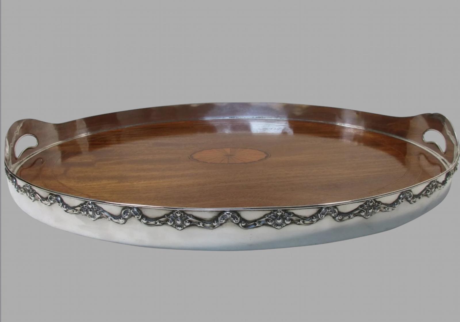 Shreve & Co Large Sterling Mahogany Glass Overlay Gallery Tray c.1930 (1 of 8) Shreve & Co Large Sterling Mahogany Glass Overlay Gallery Tray c.1930 (1 of 8)