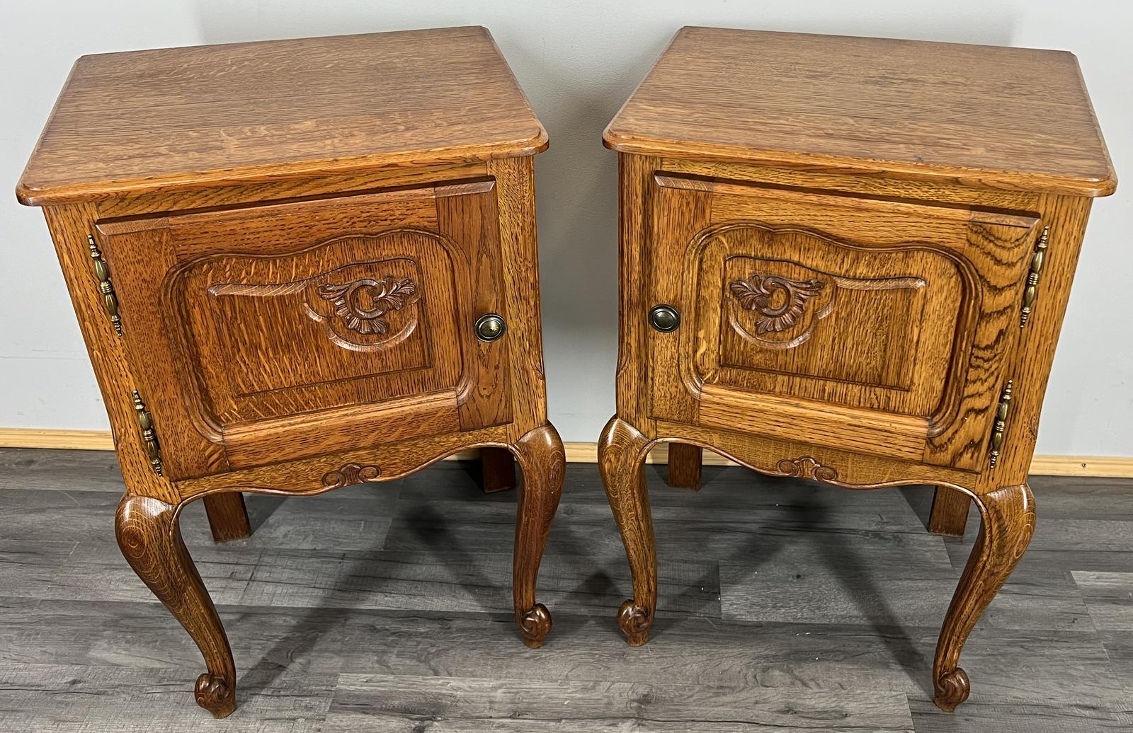 Pair of  Bedside Tables Vintage French Carved Nightstands Oak Cabinets (1 of 9)