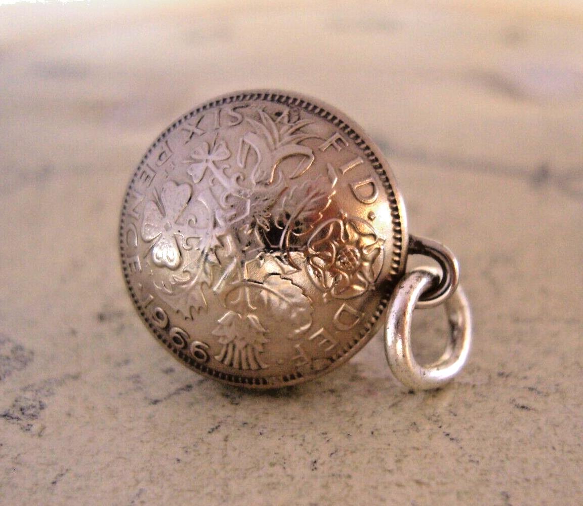 Vintage Fob 1966 Pocket Watch Chain Silver Sixpence Domed Coin Fob (1 of 10)