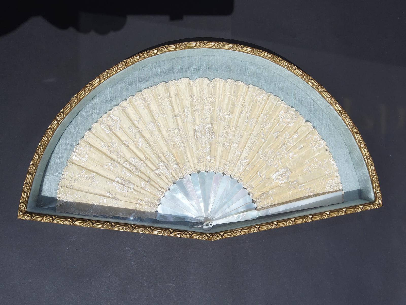 Framed Fench Silk & Mother of Pearl Hand Fan (1 of 6)