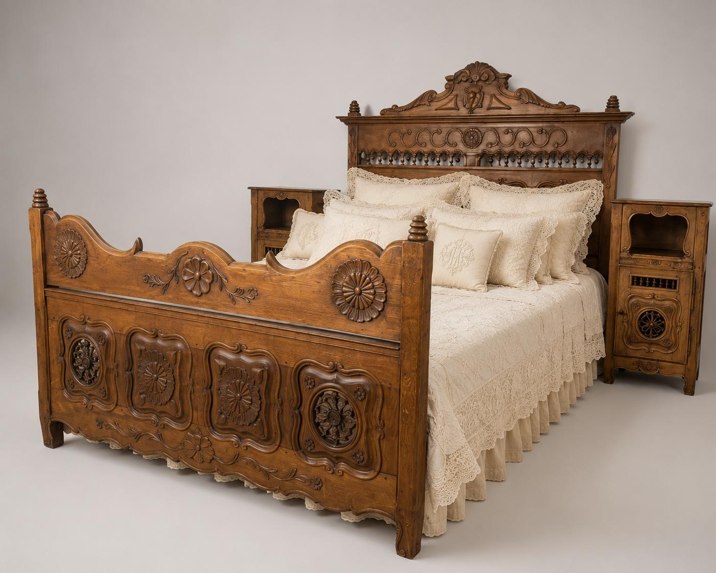 French Breton Carved Oak Double Bed Frame + Bedsides (1 of 19) French Breton Carved Oak Double Bed Frame + Bedsides (1 of 19)