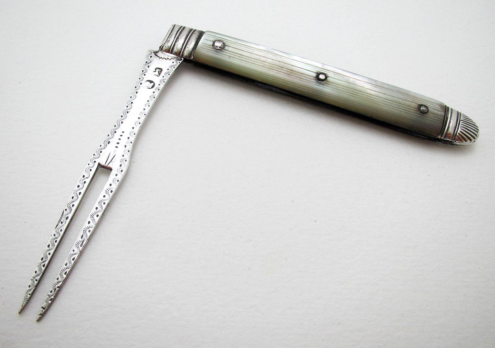 George III Sheffield Antique Sterling Silver & Mother of Pearl English Georgian Bright-cut Folding Fruit Fork (1 of 8) George III Sheffield Antique Sterling Silver & Mother of Pearl English Georgian Bright-cut Folding Fruit Fork (1 of 8)