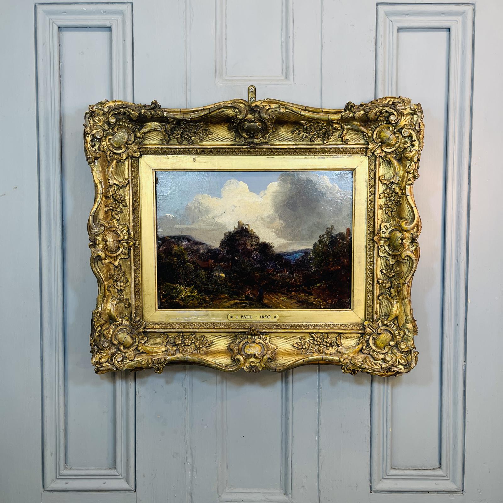 Antique Victorian Landscape Oil Painting of Rural Scene with Castle Ruins Attributed to J Paul Dated 1850 (1 of 11)