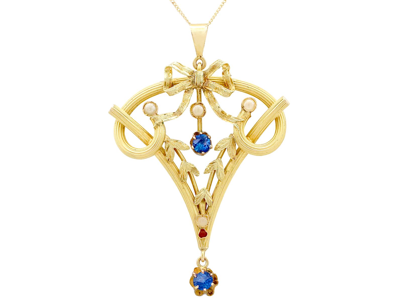 Antique Art Nouveau 0.12ct Ruby & Sapphire, Seed Pearl & 21ct Yellow Gold Pendant (1 of 9)