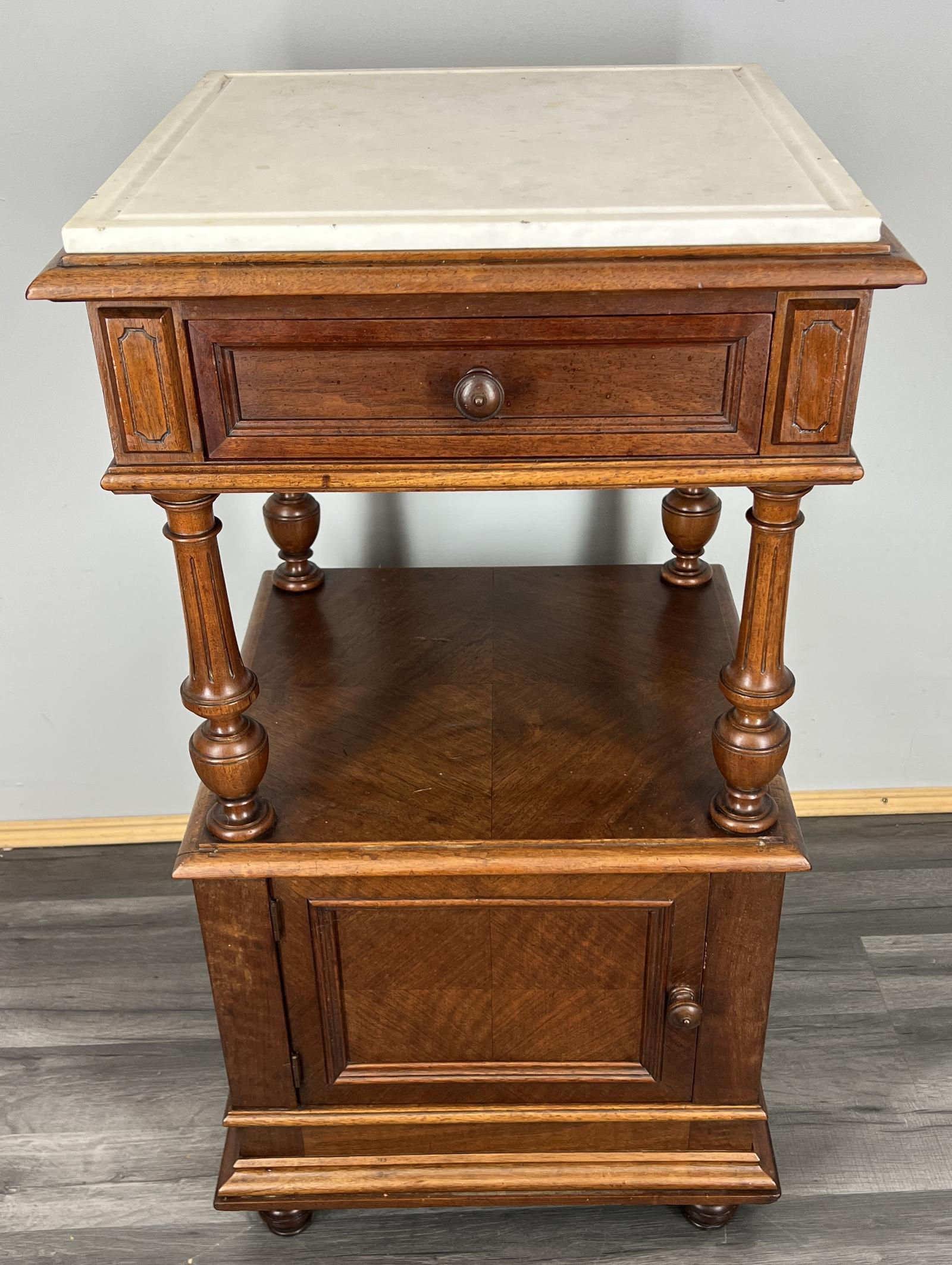 Bedside Table Antique French Walnut Marble Top Cabinet Nightstand (1 of 16)