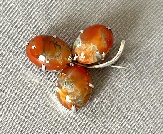 Striking Edwardian Silver & Moss Agate Shamrock Brooch (1 of 7)