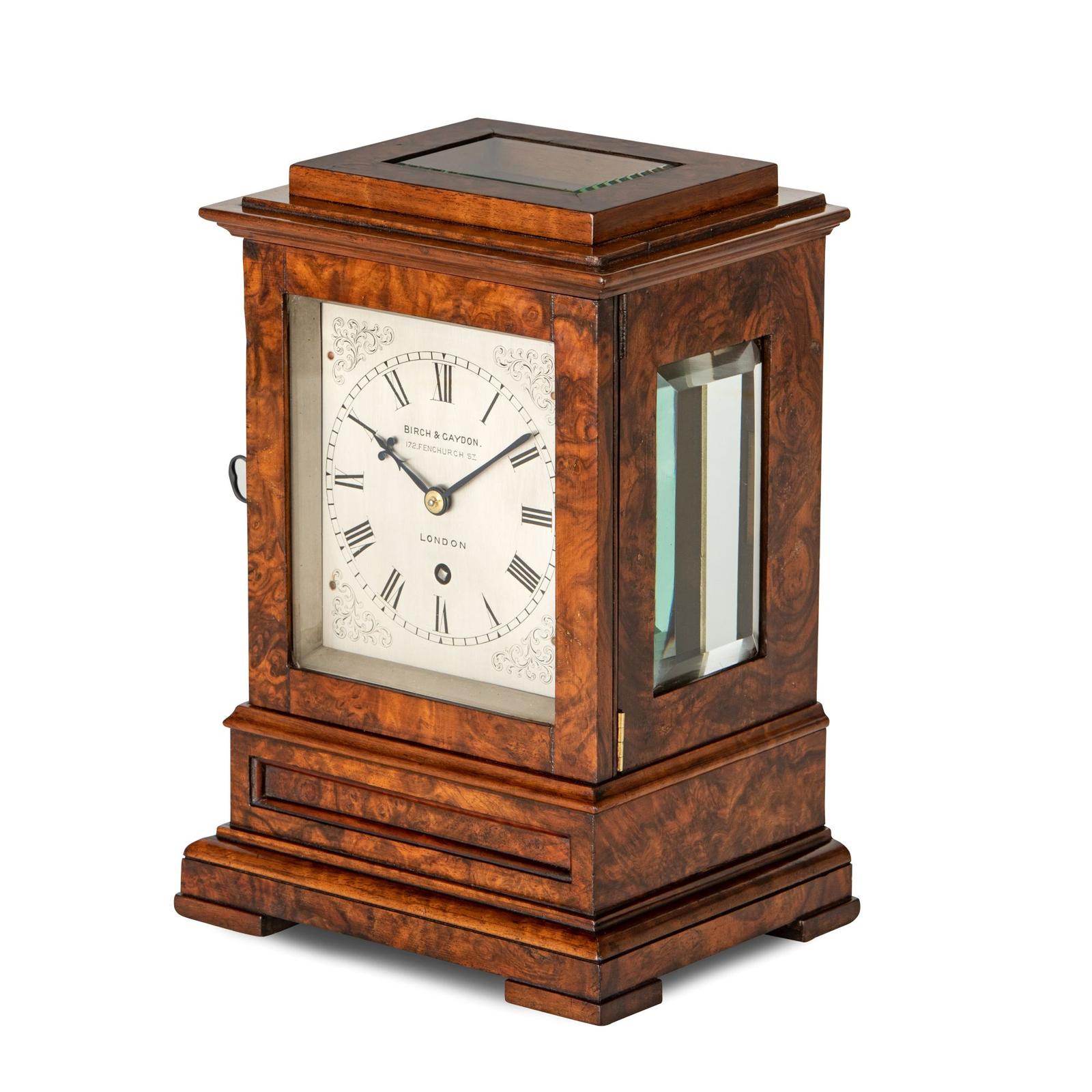 Small Burr Walnut English Five-glass Library Timepiece Clock (1 of 4)