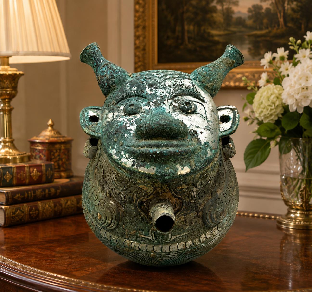 Large Chinese Shang Dynasty Style Ritual Bronze 'HE' Wine Vessel with Human Face (1 of 19) Large Chinese Shang Dynasty Style Ritual Bronze 'HE' Wine Vessel with Human Face (1 of 19)