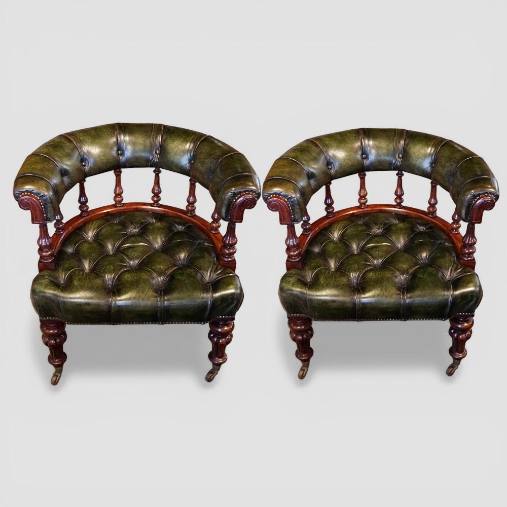 Pair of Victorian Green Leather Deep Buttoned Tub Chairs (1 of 9) Pair of Victorian Green Leather Deep Buttoned Tub Chairs (1 of 9)