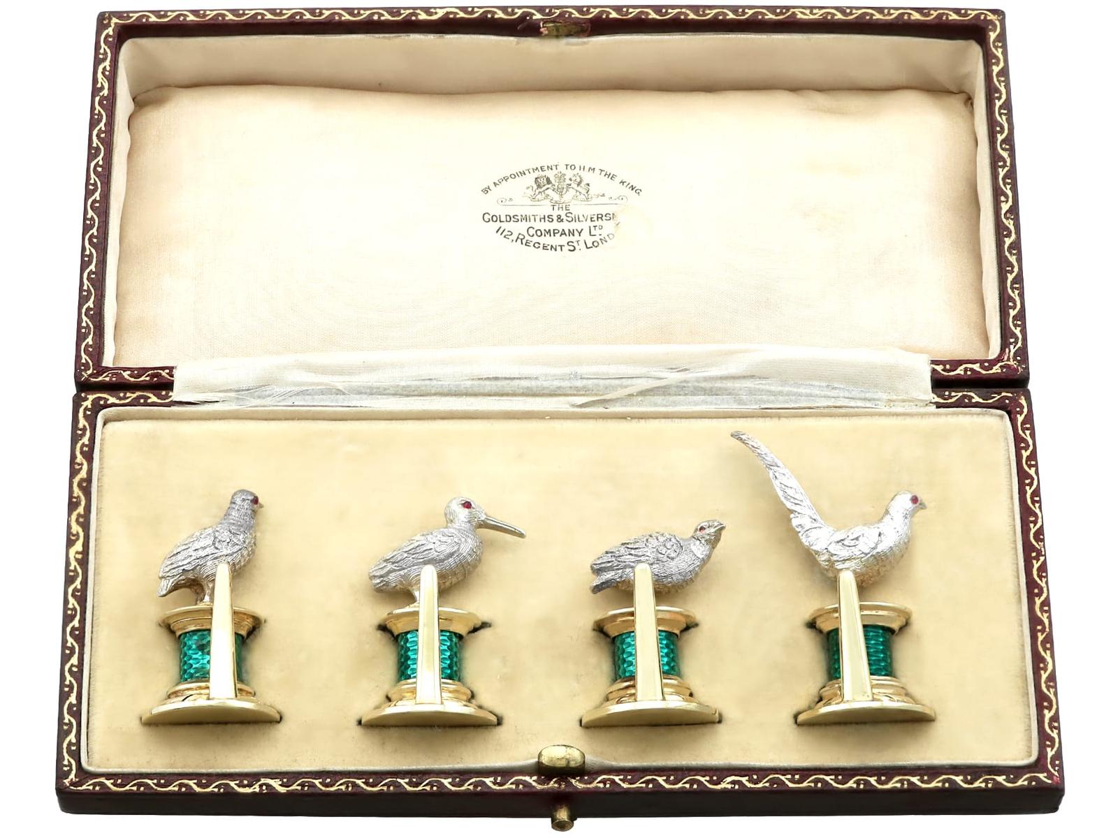 Antique Edwardian Enamel & Sterling Silver Bird Menu / Card Holders 1909 (1 of 18)