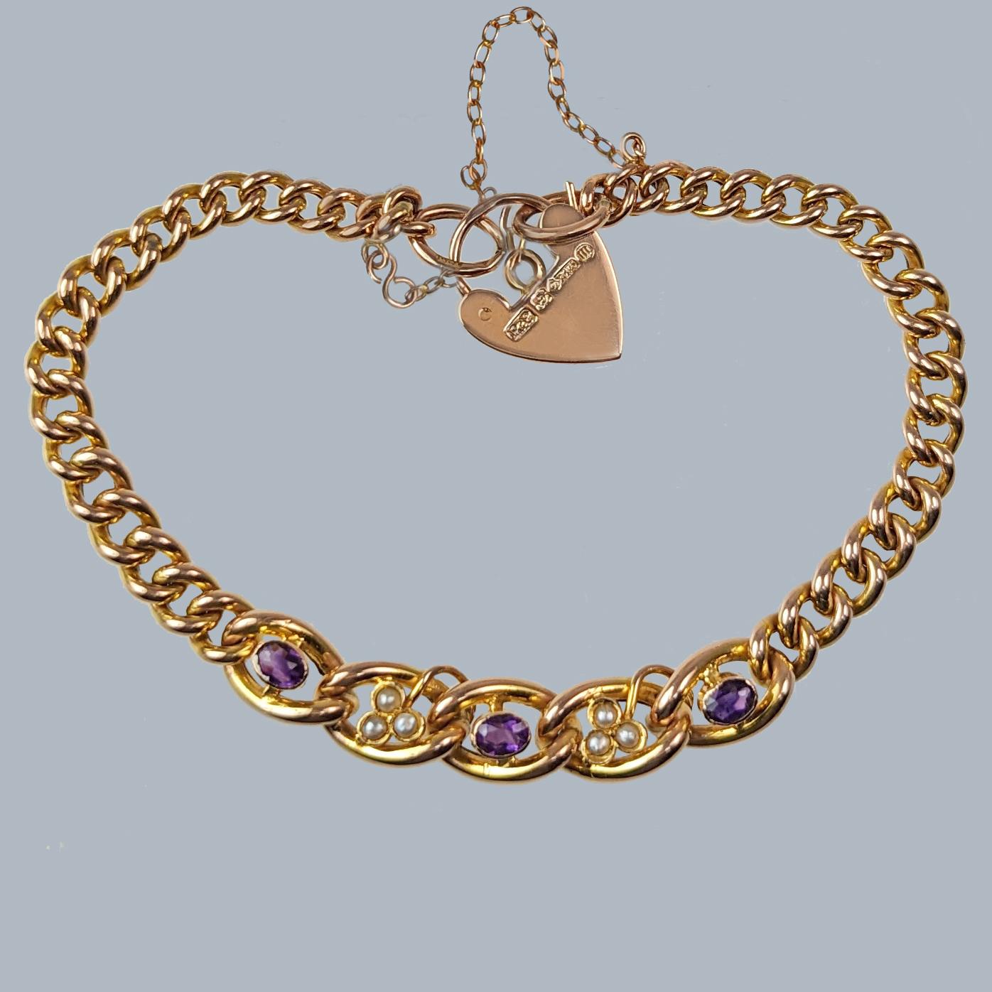 Antique Amethyst Pearl Bracelet 9ct Gold Hallmarked London 1907 Heart Padlock Edwardian (1 of 6)
