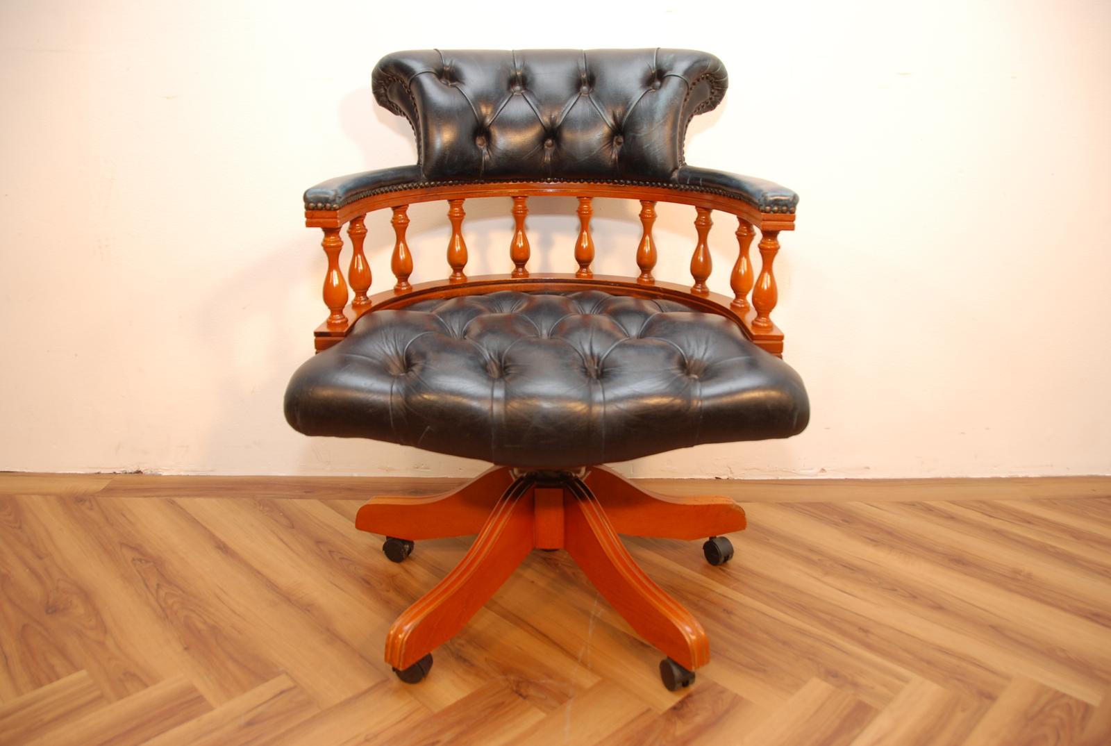 Chesterfield Captains Desk Office Chair Blue Leather (1 of 13)