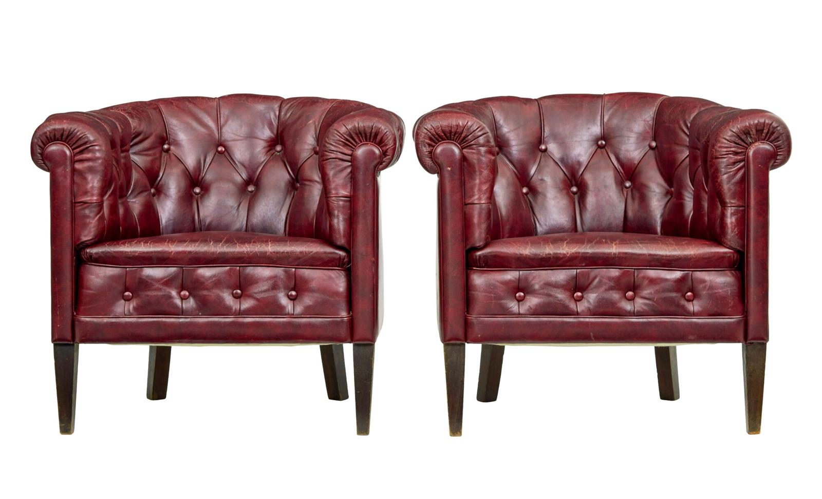Pair of Mid 20th Century Red Leather Club Armchairs (1 of 6)