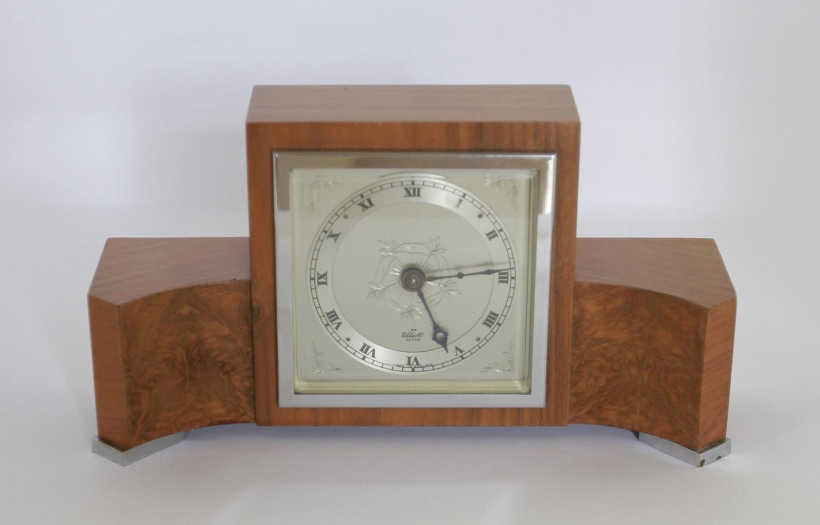 Art Deco Walnut & Chrome Elliott Mantel Clock 1930s (1 of 6)