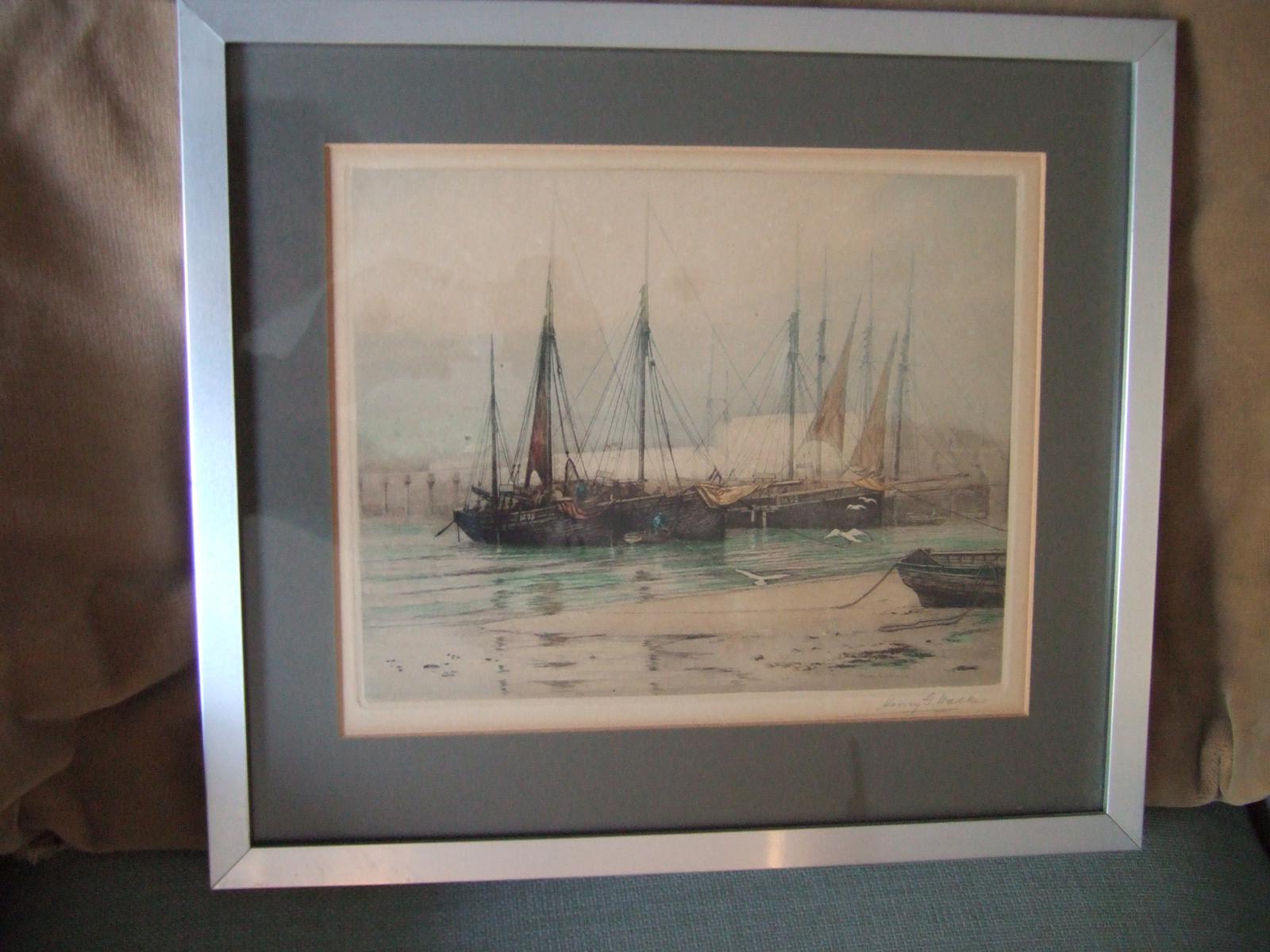 Henry George Walker (1876-1932): coloured etching of moored fishing boats at Brixham Harbour, Devon (1 of 3) Henry George Walker (1876-1932): coloured etching of moored fishing boats at Brixham Harbour, Devon (1 of 3)