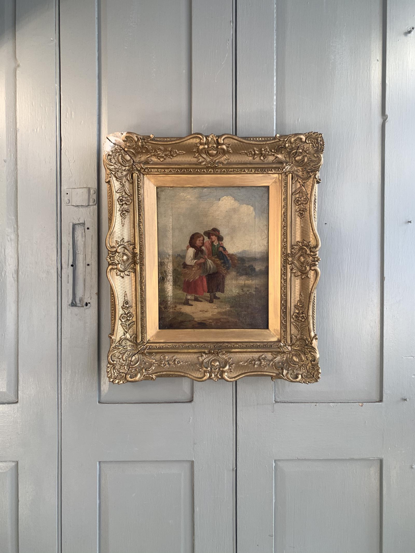 Antique oil painting study of peasant girls carrying sheaves of corn (1 of 10)