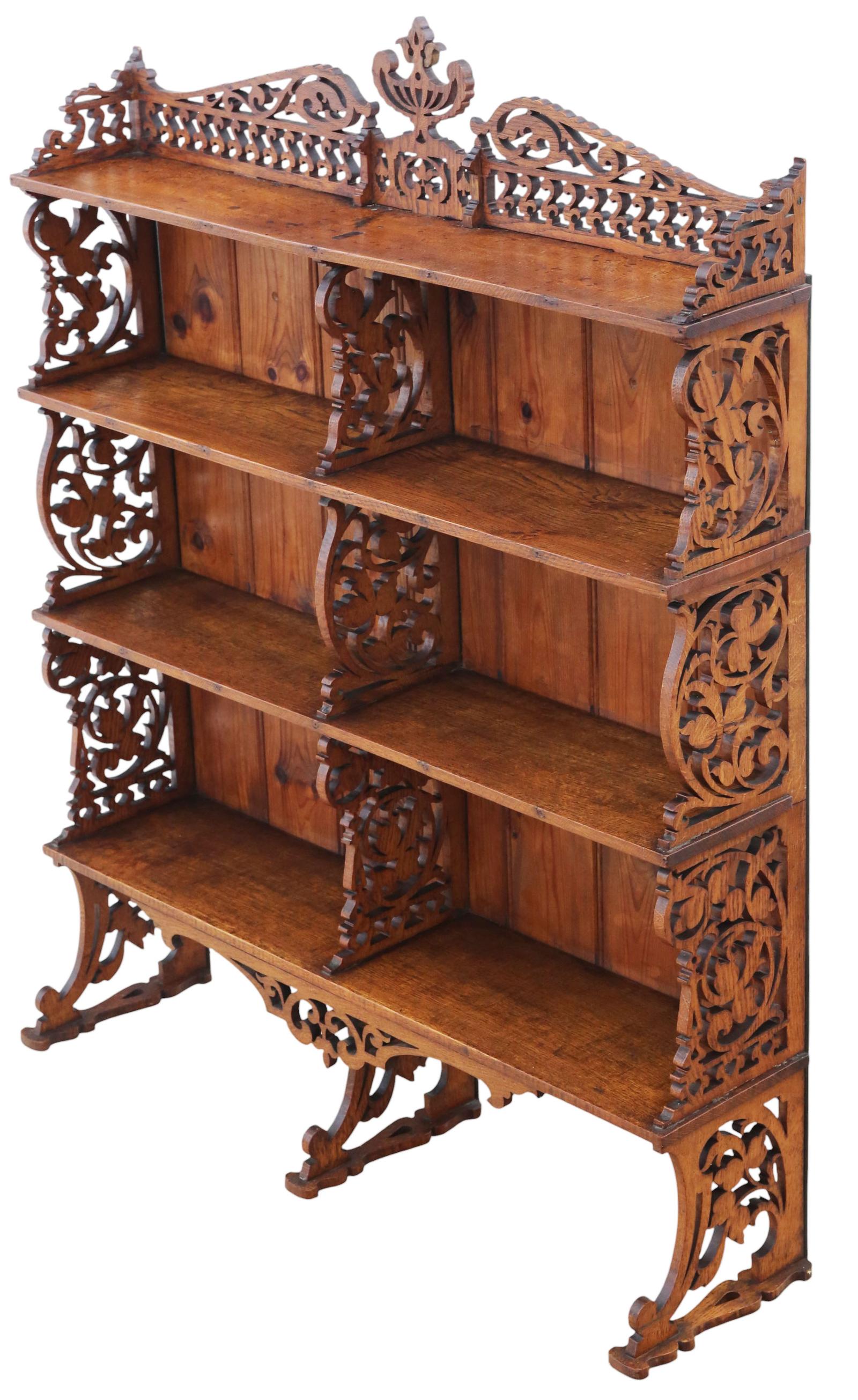 Antique Oak Fret-cut Waterfall Bookcase – Wall or Floor Standing - Fine Quality c.1900 (1 of 8)