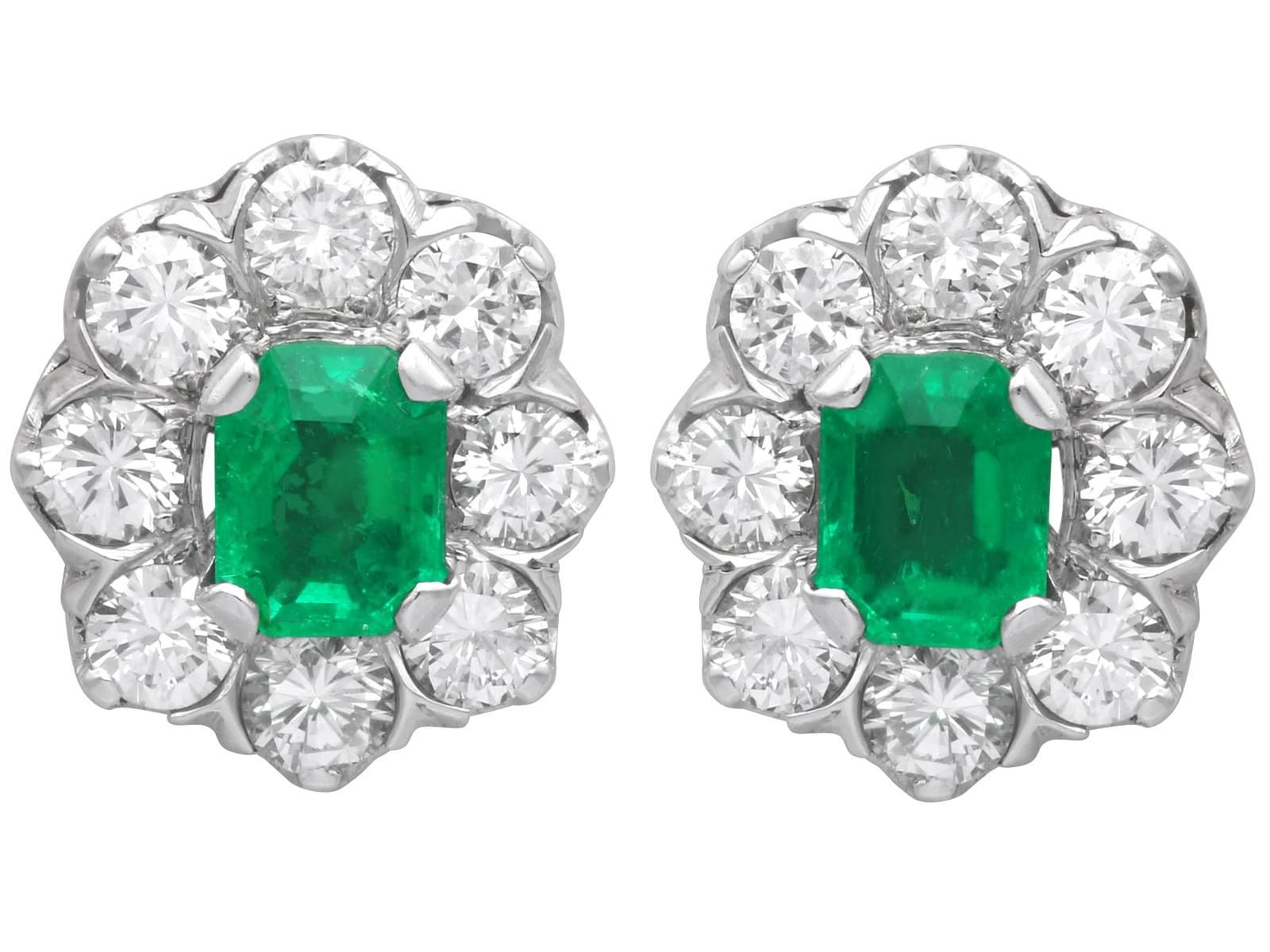 Austrian 1.20ct Colombian Emerald & 2.60ct Diamond, 18k White Gold Cluster Earrings c.1930 (1 of 13)