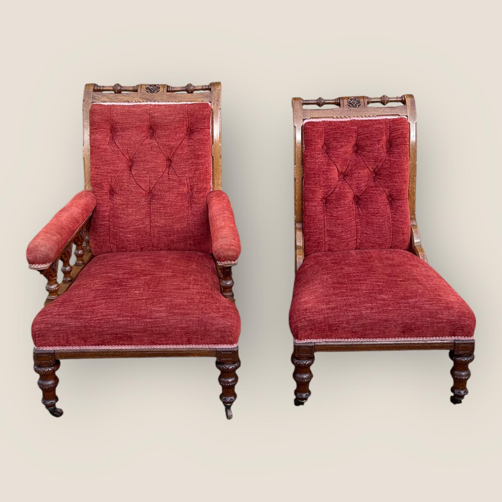 Antique Victorian Pair of Ladies and Gentlemen’s Red Gothic Revival Oak Chairs (1 of 7)