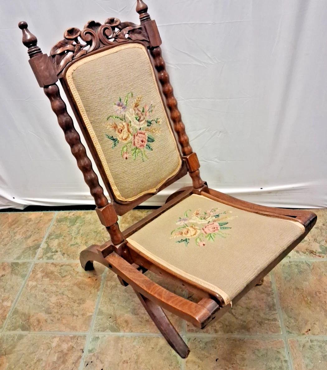 Antique Folding Campaign Chair With Flower Tapestry And Flower Carving (1 of 6)
