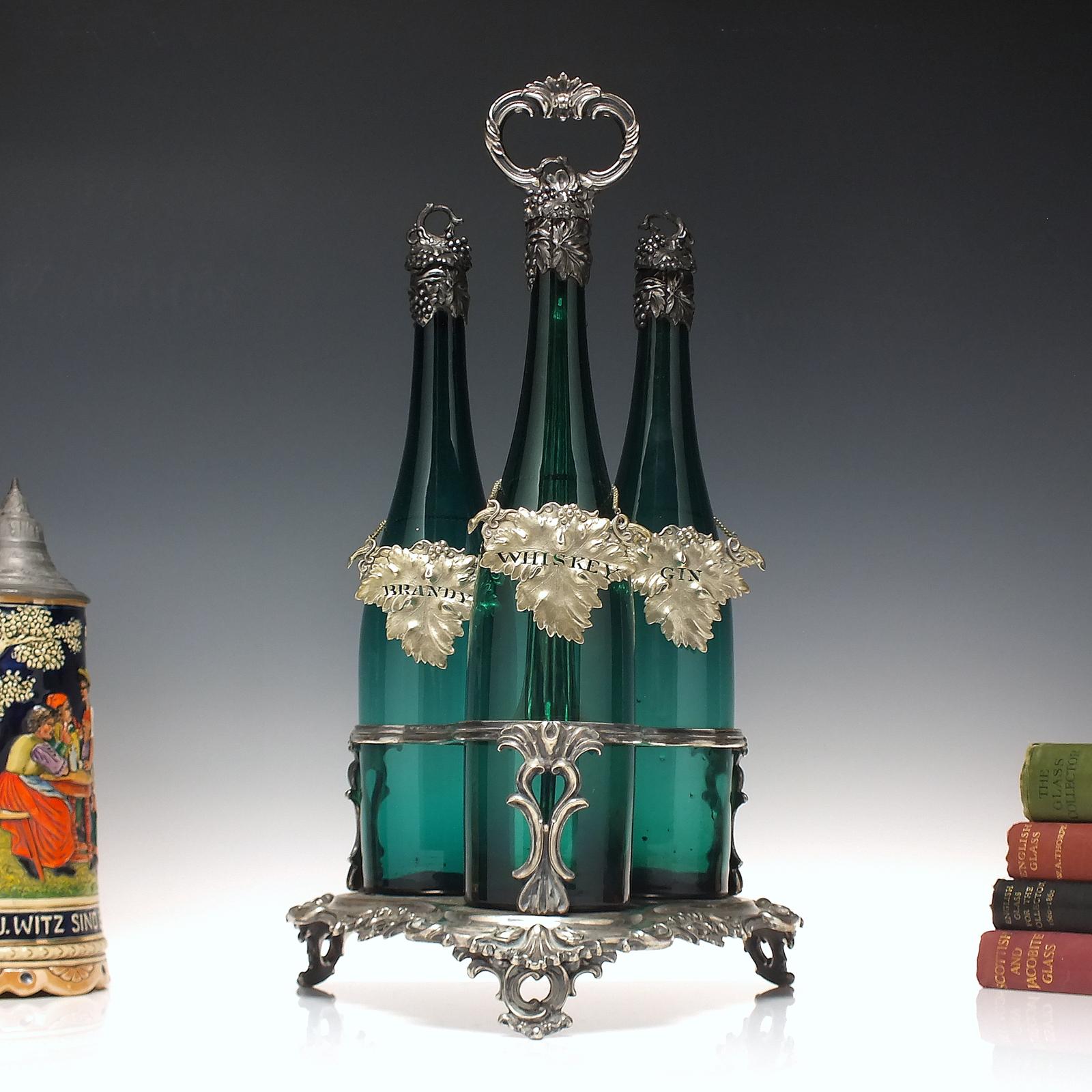 Three 19th Century Emerald Green Glass Serving Bottles in Silver Plated Stand c.1830 (1 of 12)