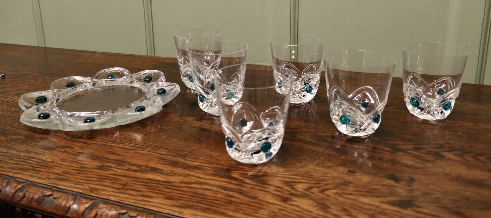Lalique Floride Crystal & Turquoise Set of 6 Whiskey Tumblers + Assiette (1 of 7) Lalique Floride Crystal & Turquoise Set of 6 Whiskey Tumblers + Assiette (1 of 7)
