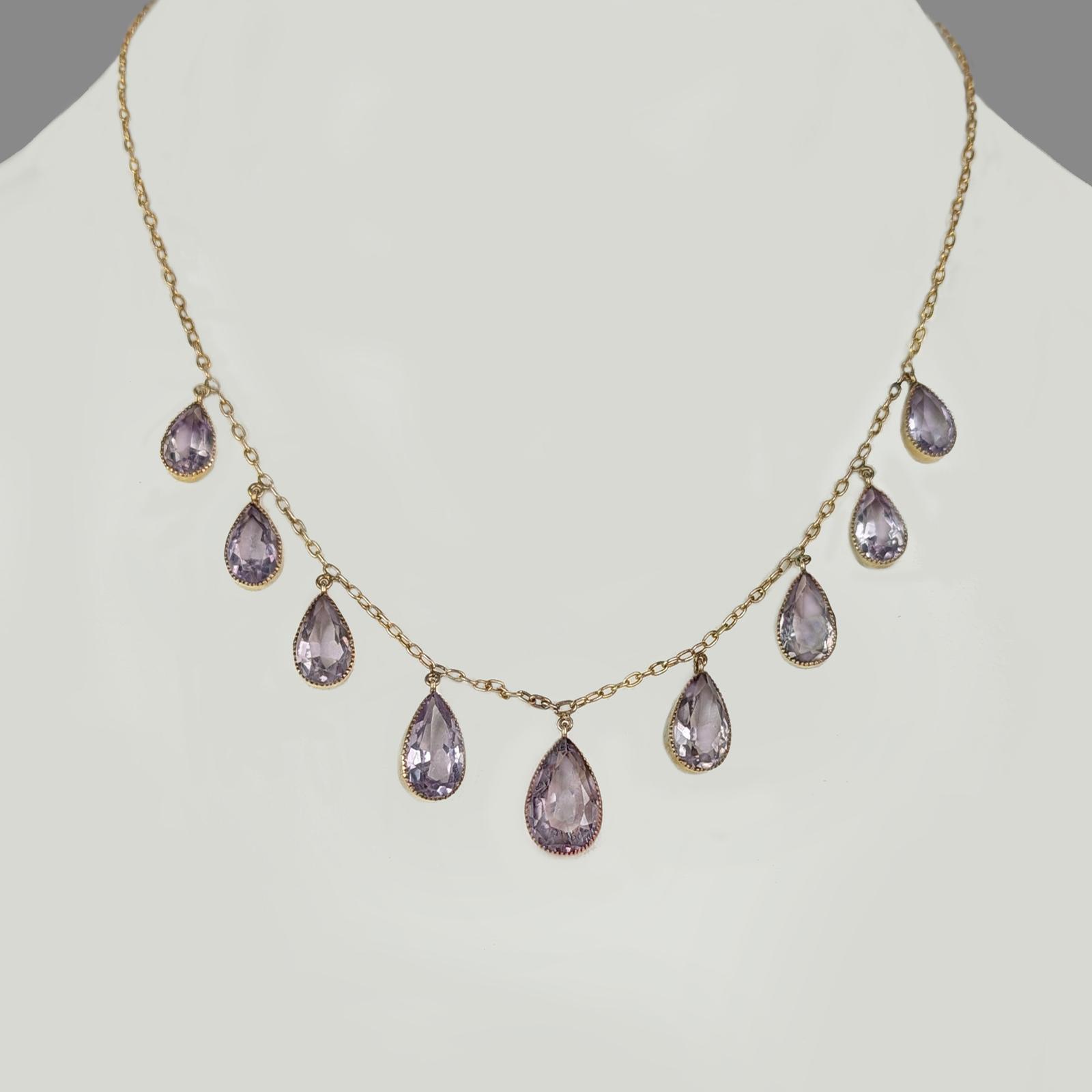 Edwardian 9ct Gold Amethyst Fringe Necklace Antique Graduated Pear-shaped Amethysts Drops Traditional Barrel Clasp c.1910 (1 of 6)