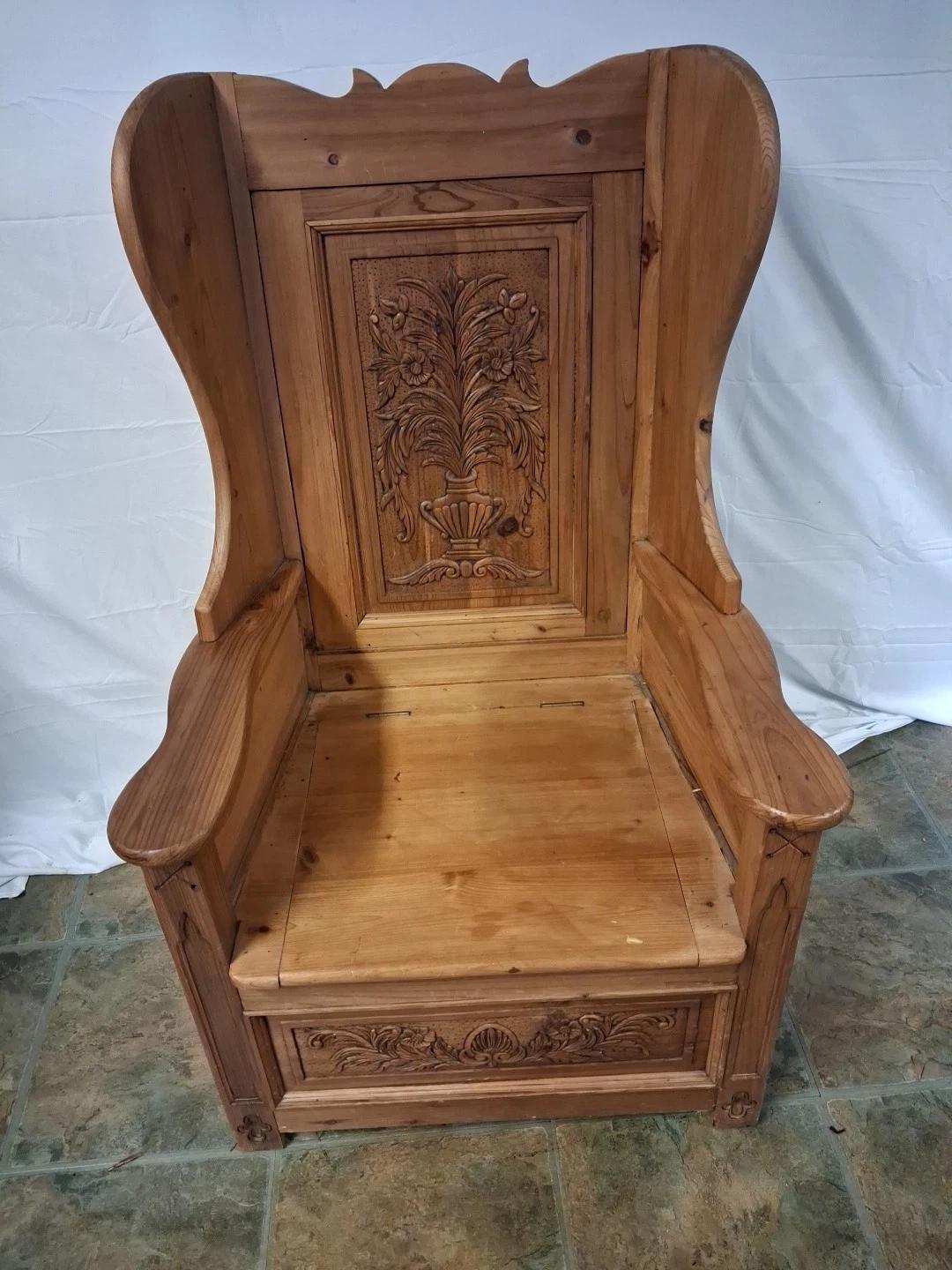 Pine Throne Chair with Intricate Carvings and Underseat Storage (1 of 8)
