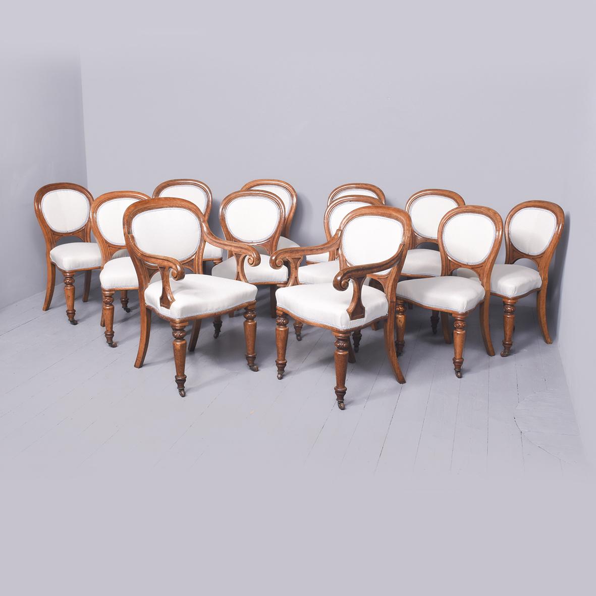 Rare Set of 12 Original Victorian Oak Balloon Back Dining Chairs Including Two Carvers (1 of 14)
