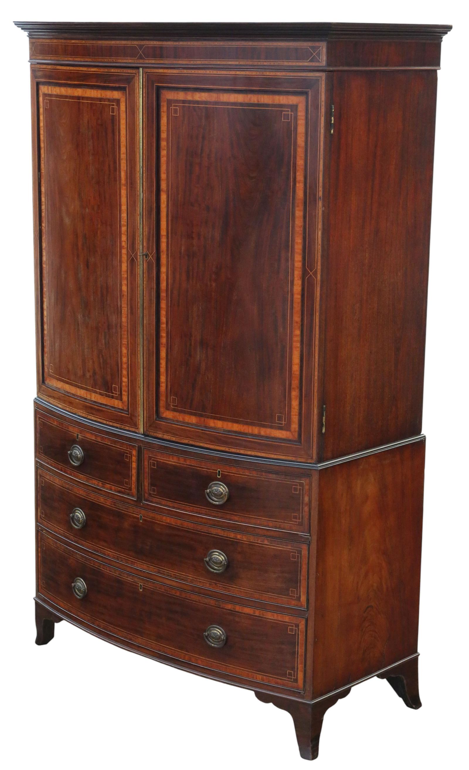 Antique Fine Quality Bow-front Inlaid Mahogany Linen Press Cupboard / Wardrobe (1 of 11) Antique Fine Quality Bow-front Inlaid Mahogany Linen Press Cupboard / Wardrobe (1 of 11)