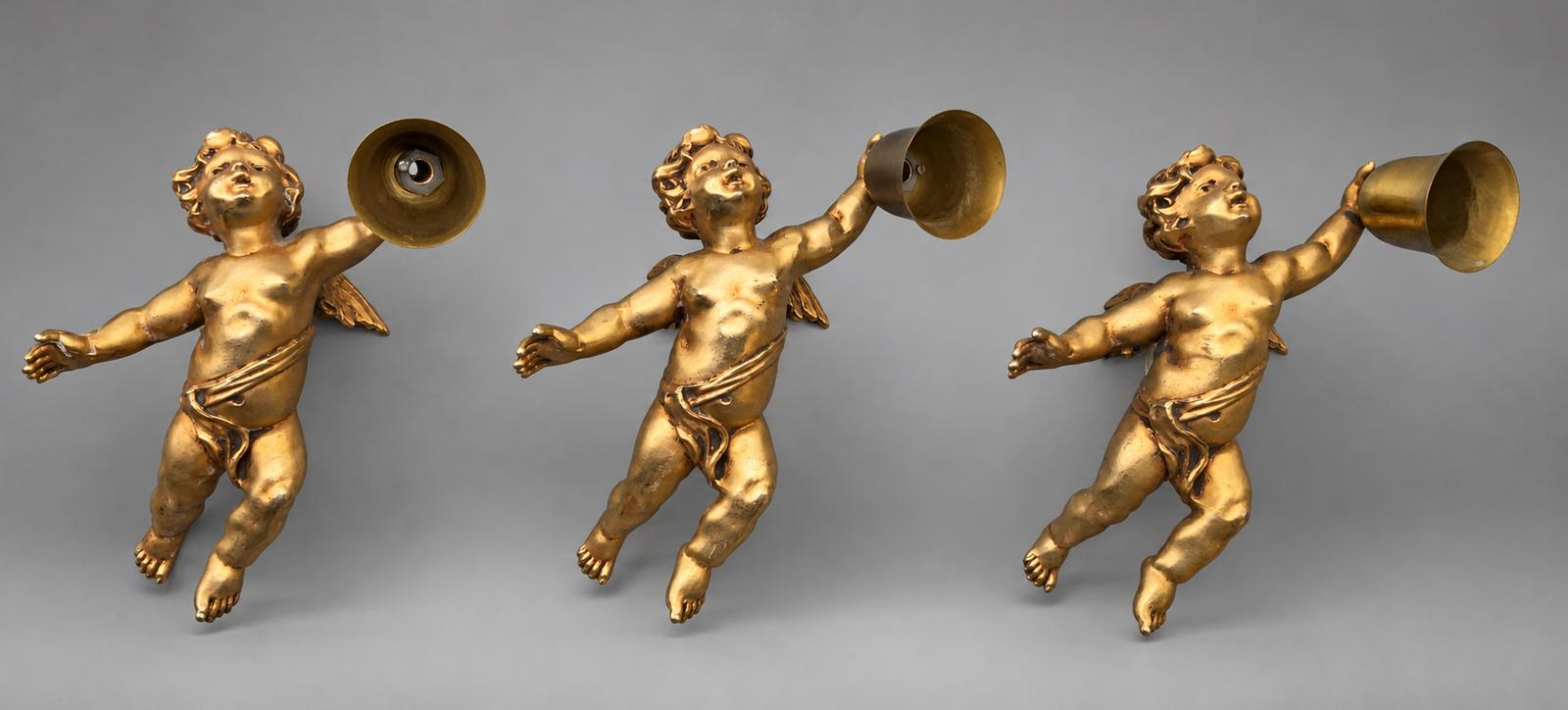 Trio of Gilt Metal Ormolu Style Winged Cherub Putti Wall Lights – Rococo Revival (1 of 10) Trio of Gilt Metal Ormolu Style Winged Cherub Putti Wall Lights – Rococo Revival (1 of 10)