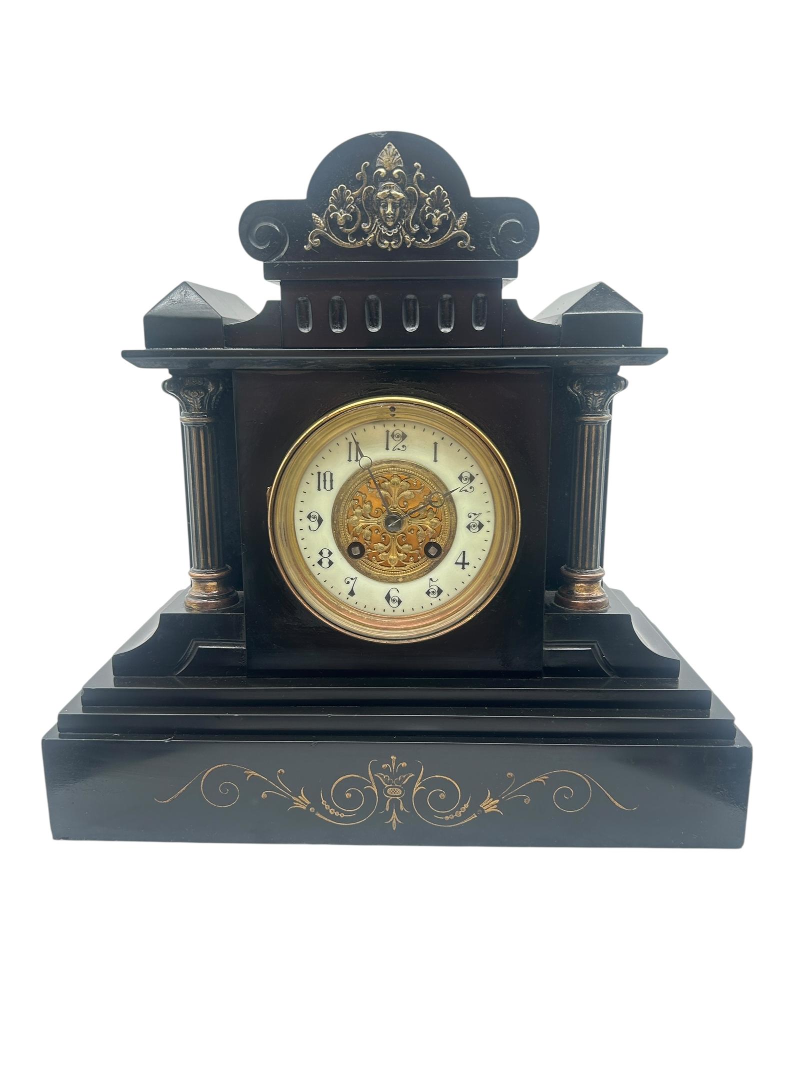 Antique Victorian Black Slate & Marble Mantel Clock – Intricate Brass Dial & 8-day Gong Strike (1 of 11) Antique Victorian Black Slate & Marble Mantel Clock – Intricate Brass Dial & 8-day Gong Strike (1 of 11)