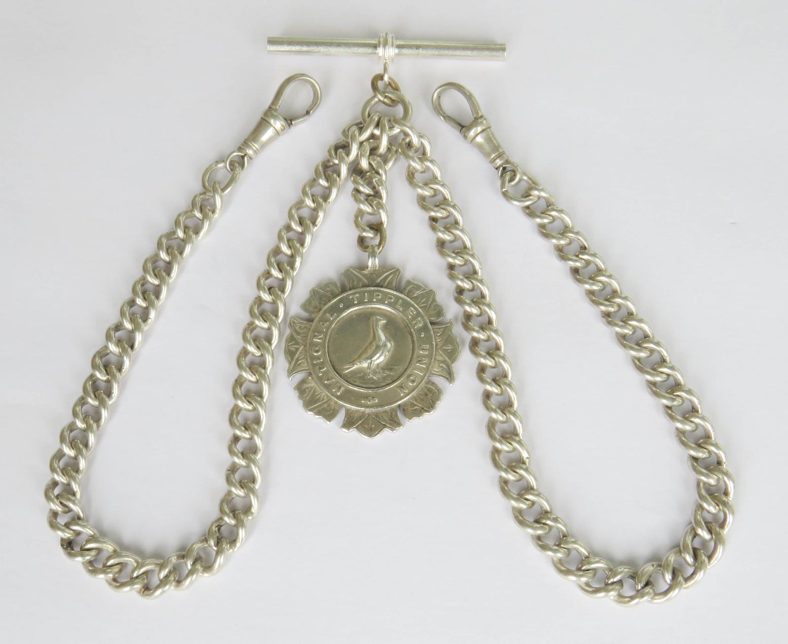 Antique 1909 Silver Double Watch Chain, Tippler Pigeons (1 of 3)