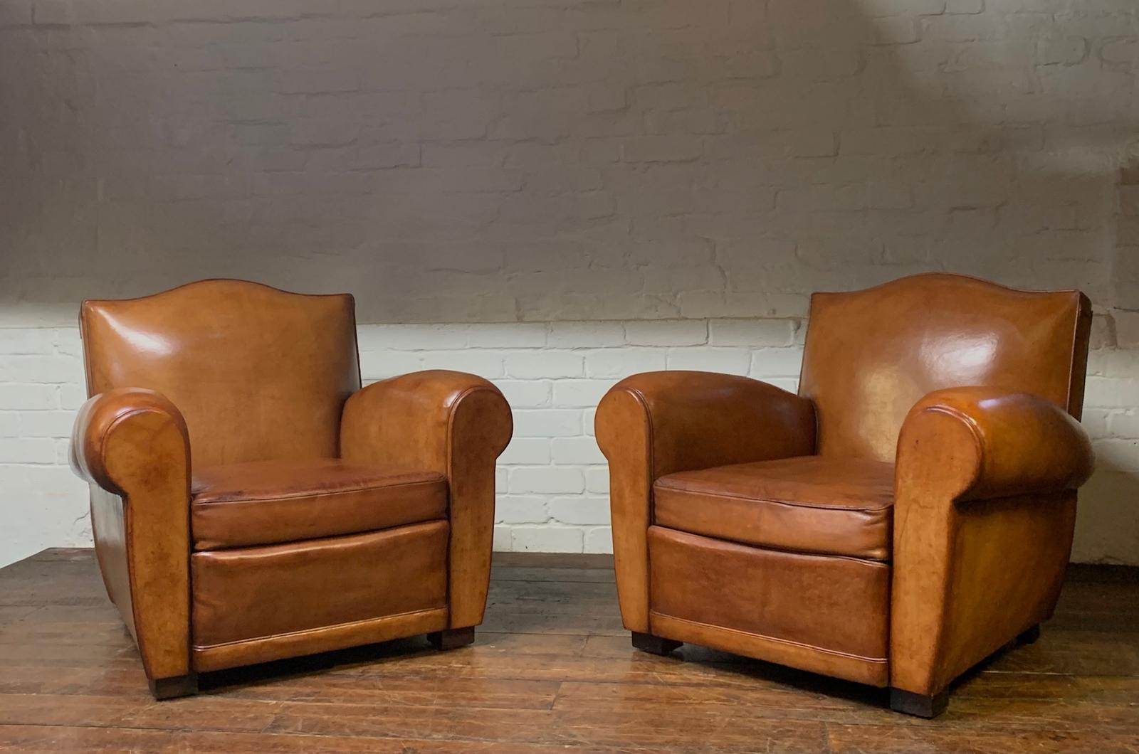 A Fabulous Pair of French Leather Club Chairs Chapeau de Gendarme Models Circa 1950s (1 of 10)