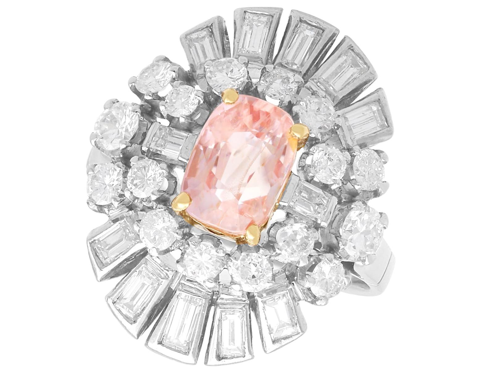 Vintage 2.32ct Ceylon Padparadscha Sapphire and 2.05ct Diamond Platinum Cluster Ring Circa 1945 (1 of 15)