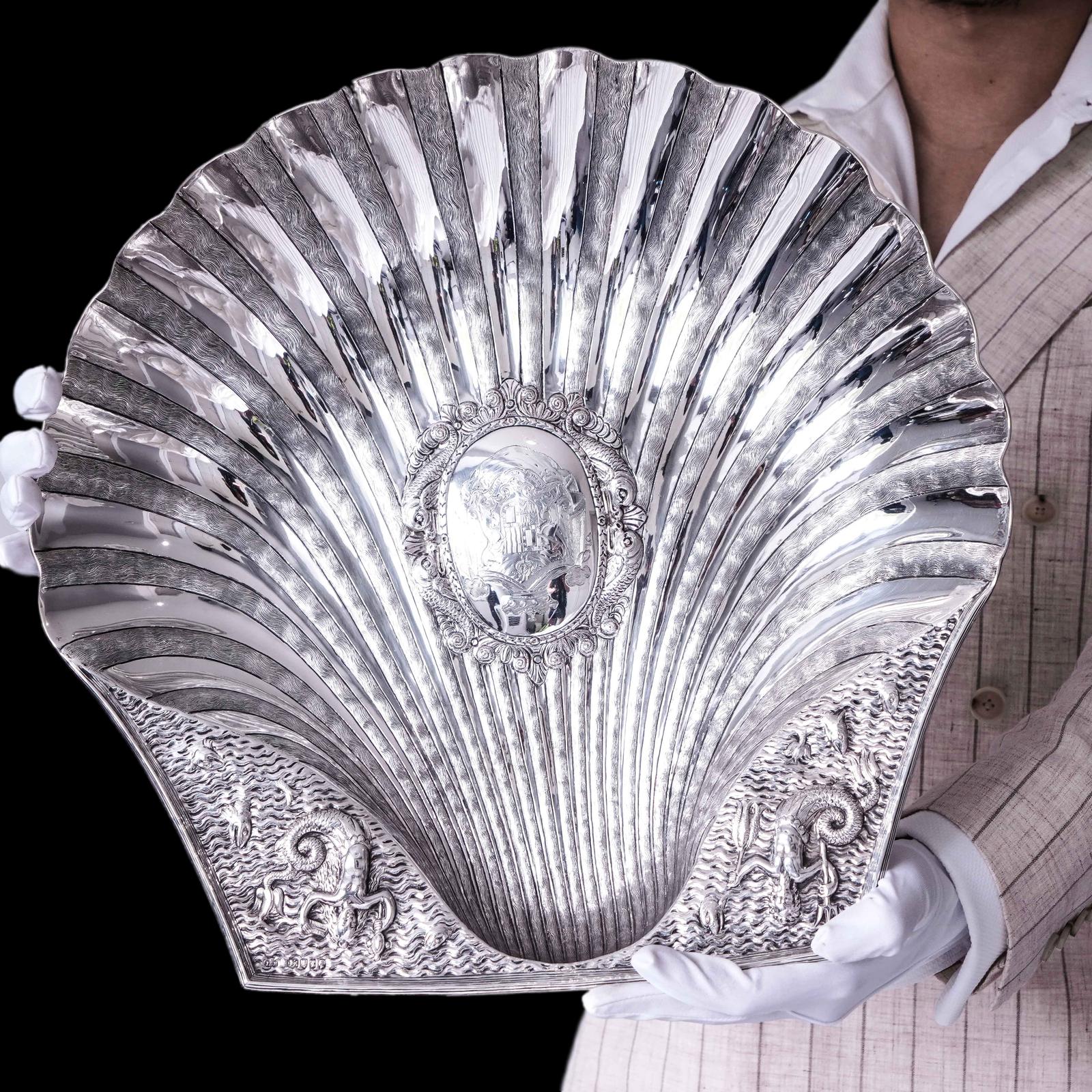 Huge Antique Victorian Solid Silver Shell Basin Dish / Bowl (40cm+) - Hunt & Roskell, London 1846 (1 of 23)
