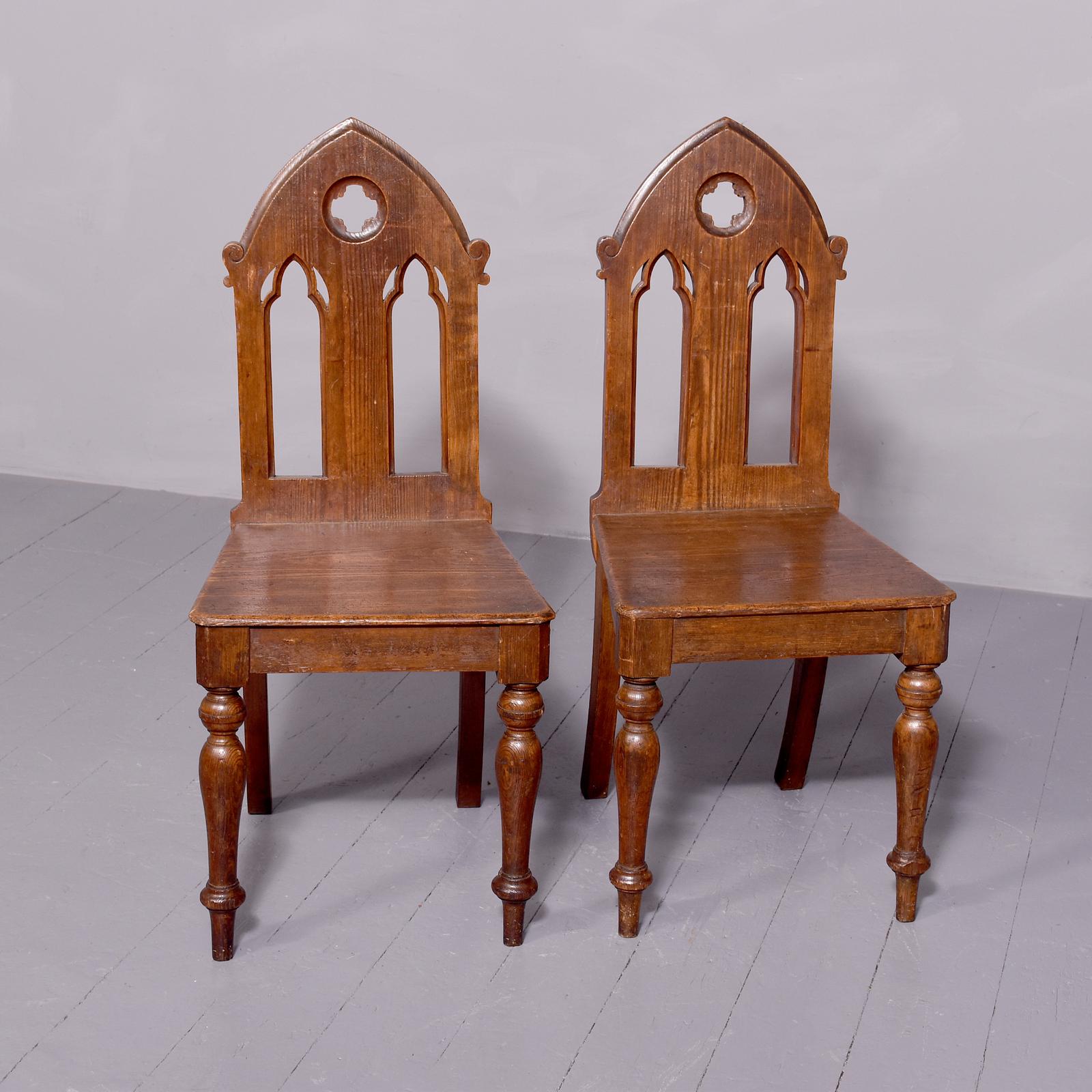 Stylish Pair of Victorian Pitch Pine Oak Gothic Hall Chairs (1 of 5)
