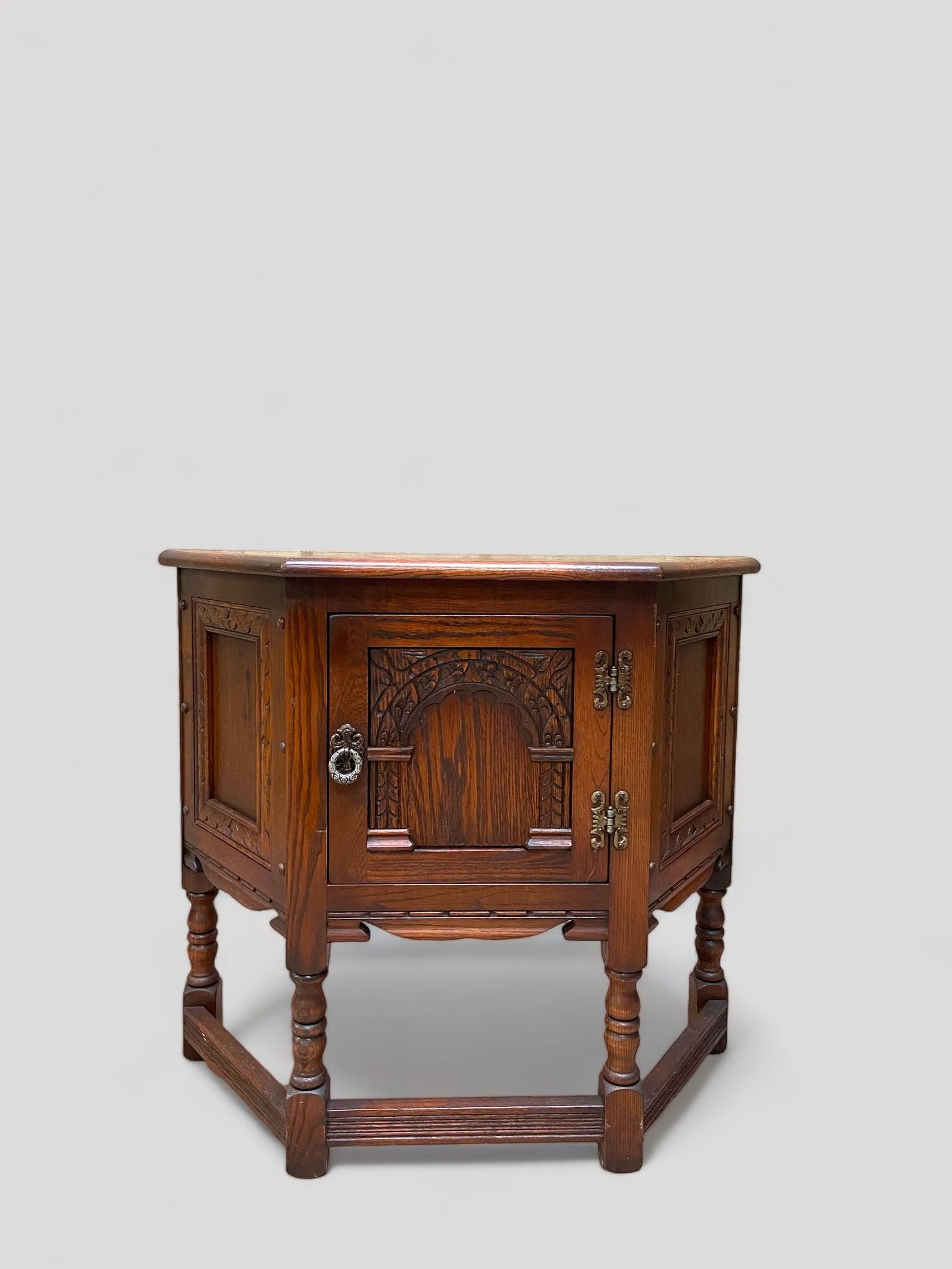 Vintage Old Charm Wood Brothers Side Cabinet / Carved Oak Canted Credence / Tudor Brown 1970s (1 of 9)