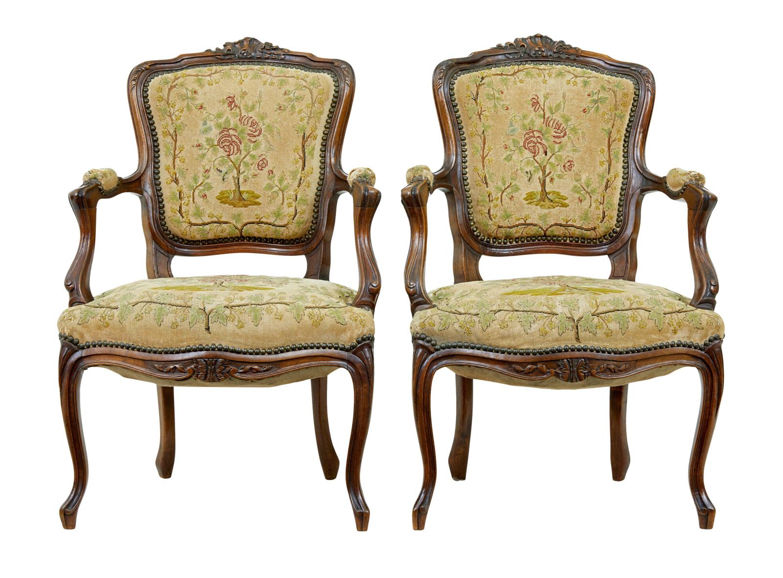 Pair of 19th Century French Tapestry & Walnut Armchairs (1 of 10)