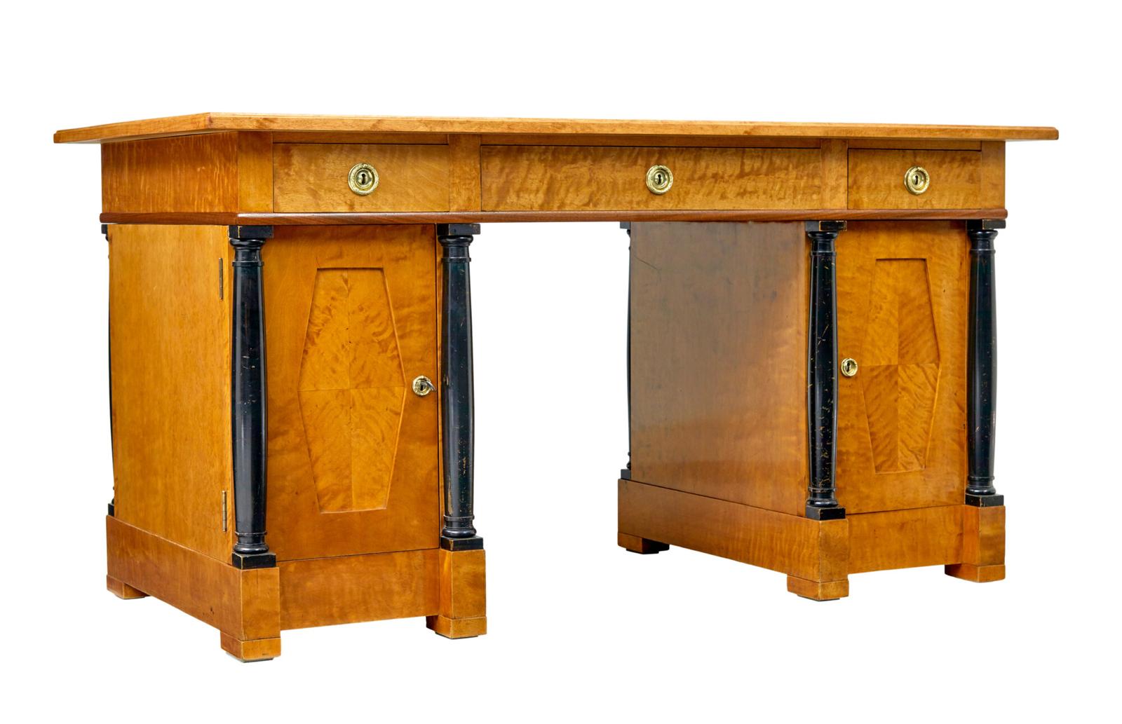 Swedish 19th Century Carved Birch Pedestal Desk (1 of 12)