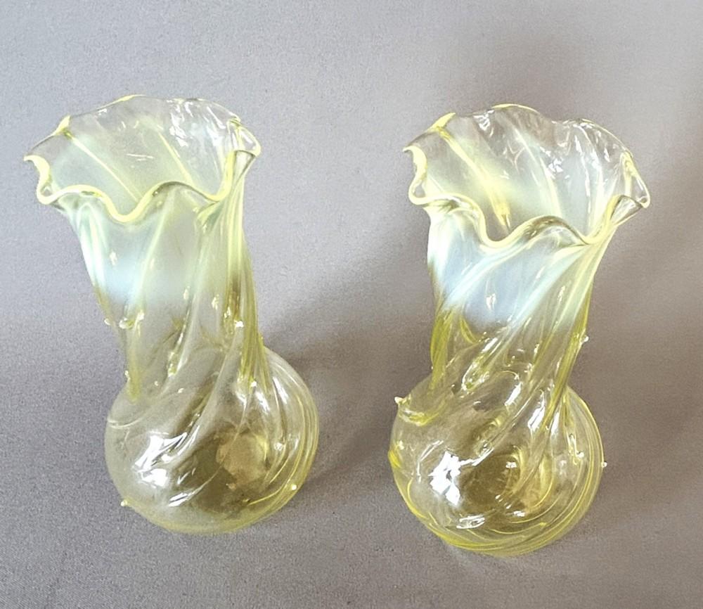 Gorgeous Pair of Victorian Uranium Vaseline Glass Posy Vases (1 of 7)
