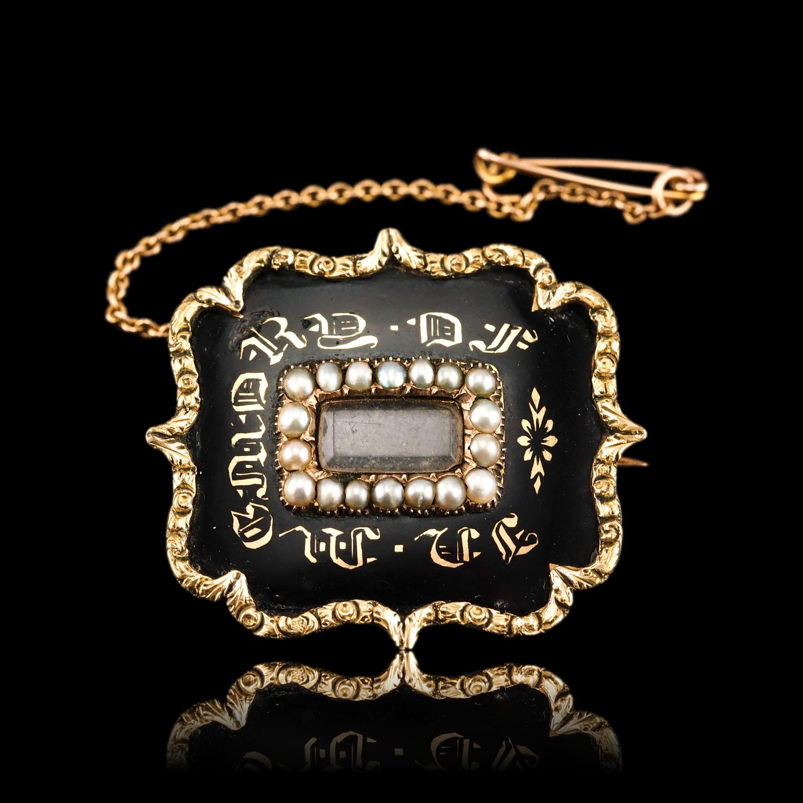 Antique Georgian 14ct Gold Mourning Brooch with Seed Pearls & Black Enamel c.1800 (1 of 13)