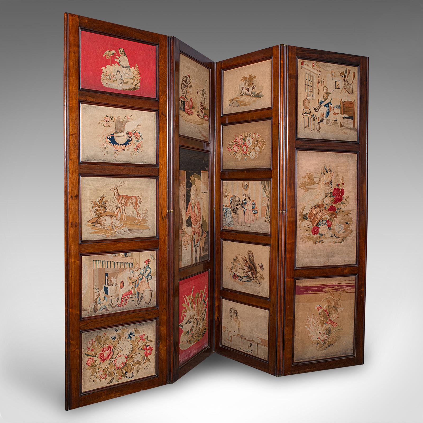 Large Antique 4-panel Privacy Screen, English Room Divider, Needlepoint, Regency (1 of 11)
