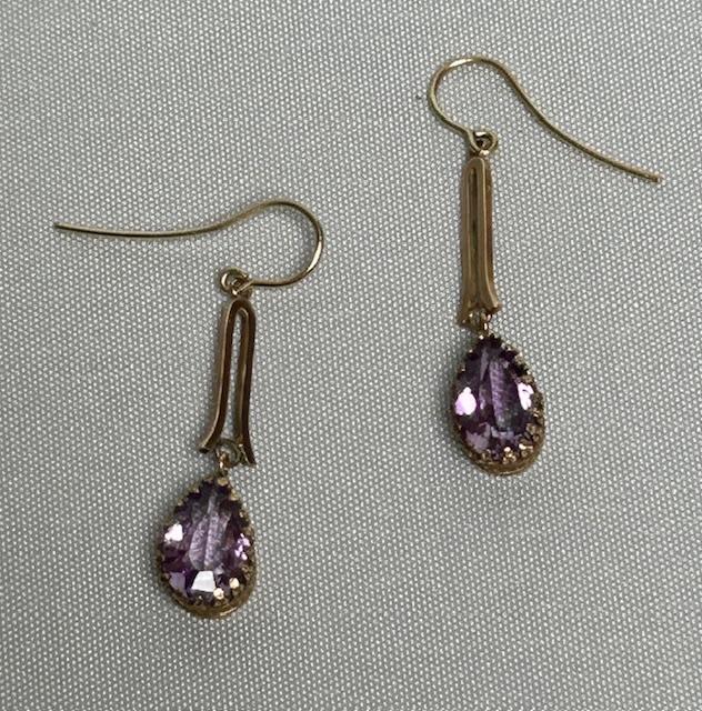 Pair of 9ct Gold & Rose de France Amethyst Drop Earrings (1 of 7)