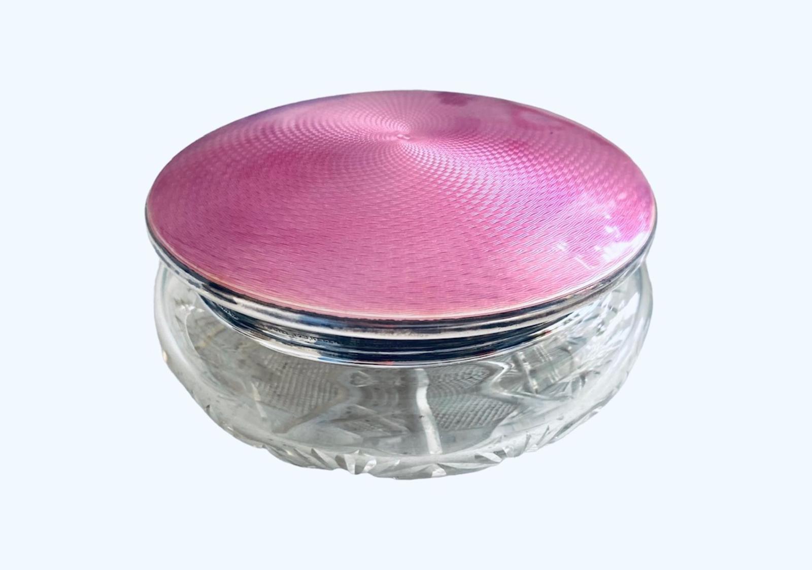 Art Deco Vanity Jar Powder Pot Cut Glass Solid Silver Guilloche Enamel Lid Birmingham 1928 (1 of 7)